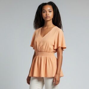 Heyson Women's Tunic Peach Large‎ Smocked Waist Ruffle Hem Short Sleeve
